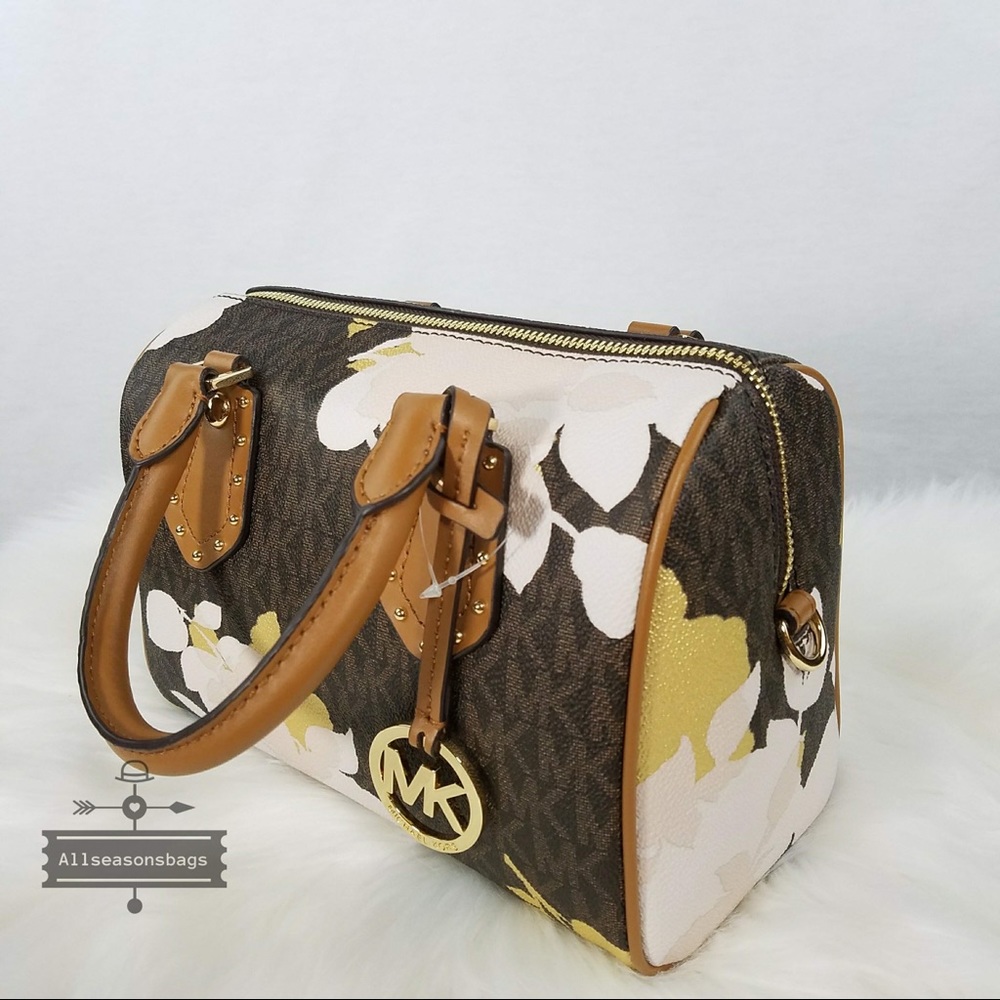 NWT Michael Kors Small Aria Satchel Brown Floral - Picture 2 of 7